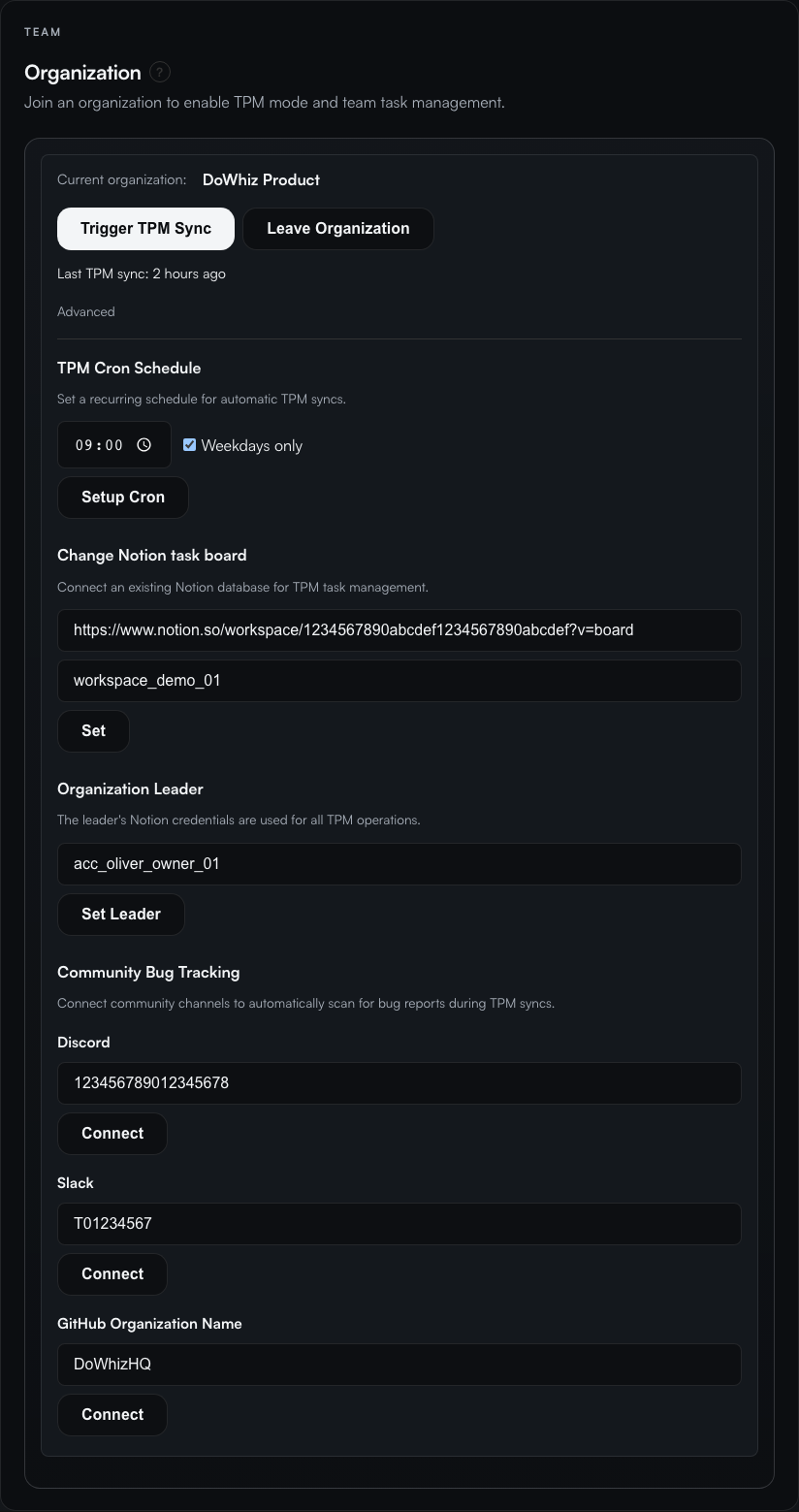 DoWhiz Organization advanced settings showing TPM cron, Notion task board, organization leader, and optional community integrations.